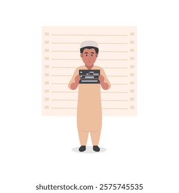 Pakistani prisoner holding a police department banner. Mugshot. Photo of the criminal's arrest. vector illustration