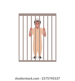 Pakistani Prisoner in a prison cell, flat vector illustration isolated on white background.