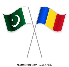 Pakistani and Romanian crossed flags. Pakistan combined with Romania isolated on white. Language learning, international business or travel concept.
