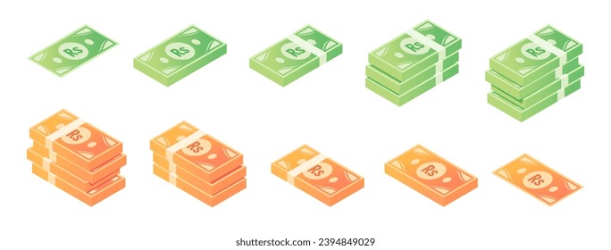 Pakistani Rupee Banknote Isometric Icon Set