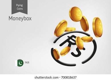 Pakistani Rupee money box with flying Pakistani Rupee coins, finance concept.