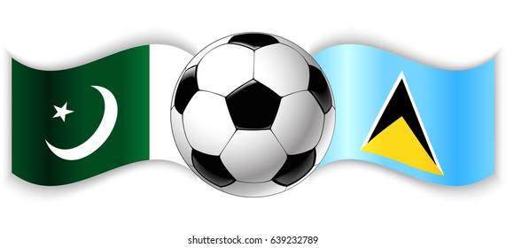 Pakistani and Saint Lucian wavy flags with football ball. Pakistan combined with Saint Lucia isolated on white. Football match or international sport competition concept.