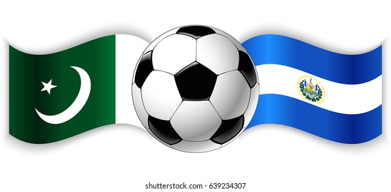 Pakistani and Salvadoran wavy flags with football ball. Pakistan combined with El Salvador isolated on white. Football match or international sport competition concept.