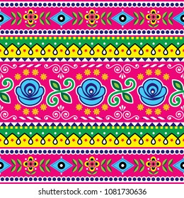 Pakistani seamless vector pattern, Indian truck art design, navy blue and pink ornament with flowers and abstract shapes.

Colorful repetitive Diwali background inspired by traditional lorry art