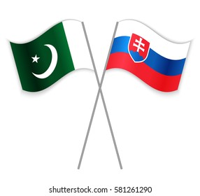 Pakistani and Slovak crossed flags. Pakistan combined with Slovakia isolated on white. Language learning, international business or travel concept.