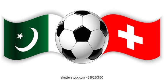 Pakistani and Swiss wavy flags with football ball. Pakistan combined with Switzerland isolated on white. Football match or international sport competition concept.
