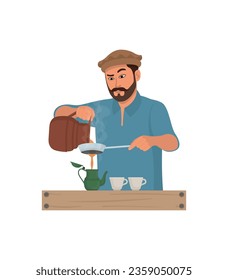 Pakistani Tea vendor pours Hot Tea in cup Chai Wala vector illustration