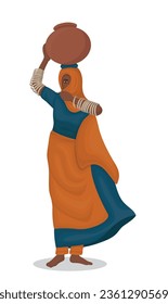 Pakistani Tharparkar woman carrying water clay pot on head vector illustration