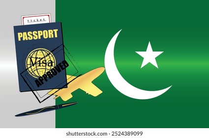 Pakistani Travel Documentation Concept with blue Passport and Pakistan Flag. Approved Stamp. Airplane and Travel Tickets. Ideal for Immigration Tourism and Traveling Themes. Vector EPS available