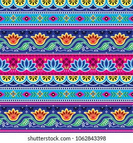 Pakistani truck art vector seamless pattern, Indian truck floral design with lotus flower, leaves and abstract shapes . Colorful repetitive background inspired by traditional lorry and rickshaw painte