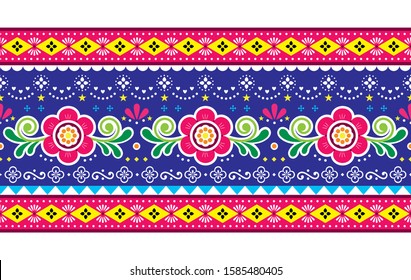 Pakistani truck art vector seamless pattern, Indian truck floral long horizontal design with flowers, leaves and abstract shapes. Colorful Diwali repetitive background