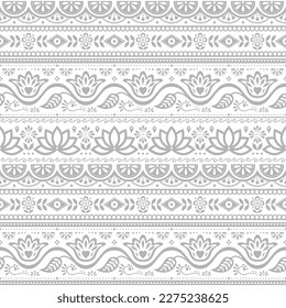 Pakistani truck art vector seamless pattern, Indian truck floral design with flowers, leaves and abstract shapes in gray on white. Monochrome repetitive background inspired by traditional lorry art