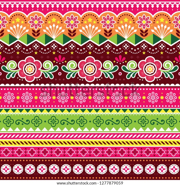	\
Pakistani truck art vector seamless pattern,\
Indian truck floral design with flowers, leaves and abstract\
shapes. Colorful repetitive background inspired by traditional\
lorry and rickshaw\
art