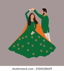 Pakistani wedding couple bride and groom illustration for wedding save the date and invitation cards