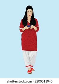 Pakistani woman in shalwar kameez holding cellphone