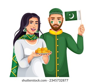 Jóvenes paquistaníes celebrando el Día de la Independencia de Pakistán el 14 de agosto. Gente de tela étnica con bandera.