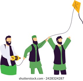 Pakistanische Männer feiern und fliegen das Kitekonzept, Gudi-Bazi oder Patang-Bazi Vektor-Design, Yaum-e-Pakistan Symbol Islamische Republik Auflösungstag Zeichen 23. März National Holiday Stock Illustration