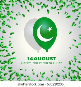 Pakistan's Flag balloons for Independence Day on white background with green confettis with simple typography