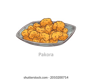 Pakora snack on a plate - traditional Indian fried street food dish isolated on white background. Vector illustration of cartoon Asian cuisine