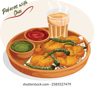 Pakoras with Masala Chai, Mint Chutney and Ketchup Served in Wooden Thali. Popular Asian Spicy Deep Fried Snacks Detailed Illustration 