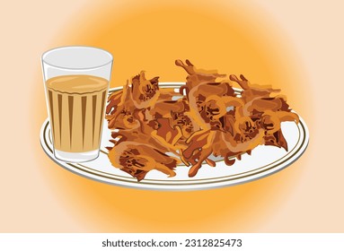 Pakore or pakode or bajji or bhaji, Indian snack served in a plate with Chai (Tea). Vector illutstration.