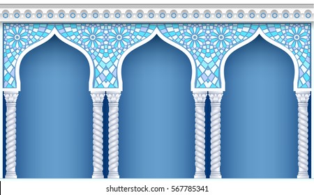 Palace Arcade in an old oriental style. Facade of a classical building. Vector graphics