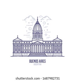 Palace of the Argentine National Congress - a famous landmark of the city of Buenos Aires, Argentine. Monumental building in the neoclassical style. City sight vector icon in simple line art style