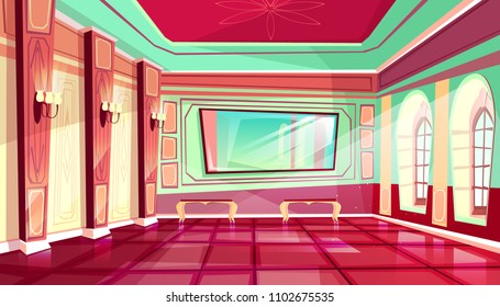 Palace ballroom vector illustration of royal hall of luxury medieval castle. Flat cartoon ball room interior background with lamps on pillars, mirror and windows with benches on tile floor