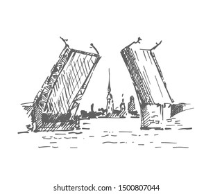Palace Bridge, Peter and Paul Cathedral, Neva river, Saint-petersburg, Russia. Vector illustration. Sketch.