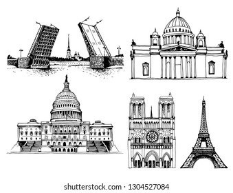 Palace Bridge, Peter and Paul Fortress and Saint Isaac's Cathedral, United States Capitol Building, Notre Dame de Paris Cathedral and Eiffel Tower. Vector world landmarks isolated on white background