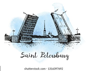 Palace Bridge and Peter and Paul Fortress vector illustration card with text, popular symbols of Saint Petersburg, Russia vector illustration on watercolor background