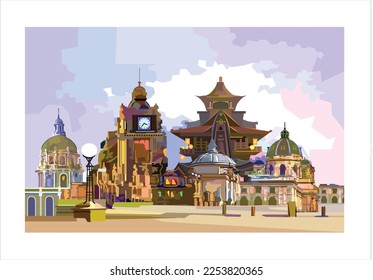 The Palace in China and the Clock Tower in Vienna are combined into a fairytale city by illustrator program techniques.