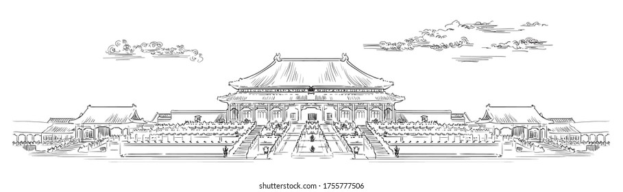 Complejo de palacio en Ciudad Prohibida en el centro de Pekín, punto de referencia de China. Dibujo de dibujo vectorial dibujado a mano en color negro aislado en fondo blanco. Concepto de viajes de China. Ilustración de acciones