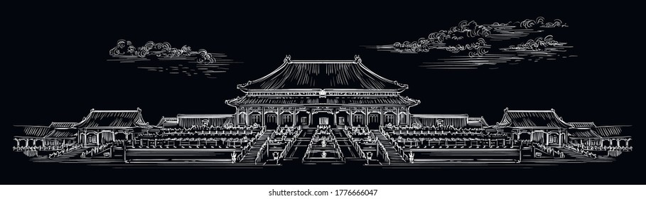 Palace complex in Forbidden city in central Beijing, landmark of China. Hand drawn vector sketch illustration in white color isolated on black background. China travel Concept. Stock illustration