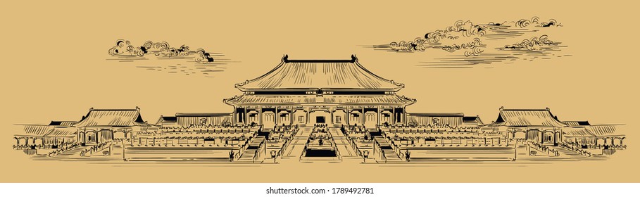 Complejo de palacio en Ciudad Prohibida en el centro de Pekín, punto de referencia de China. Dibujo vectorial dibujado a mano en colores monocromos aislados en fondo beige. China travel Concept.Ilustración de valores