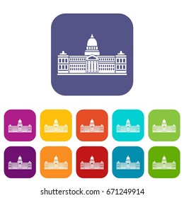 Palace of Congress in Buenos Aires, Argentina icons set vector illustration in flat style In colors red, blue, green and other