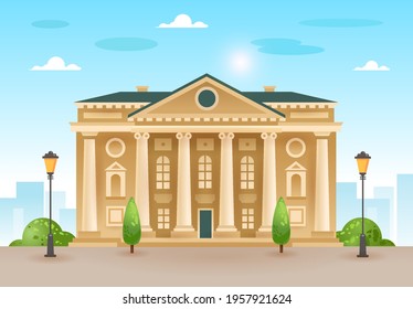 Palace, courthouse, theater, parliament or museum. Classicism. The facade of a classic public building with a road and trees. Flat style. Vector illustration isolated on white background.