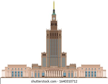 Palace Of Culture And Science (Warsaw, Poland). Isolated On White Background Vector Illustration.