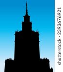 Palace of Culture and Science Warsaw vector silhouette on blue background