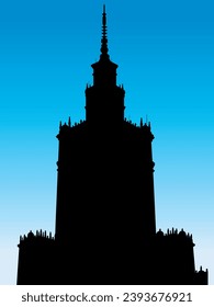 Palace of Culture and Science Warsaw vector silhouette on blue background