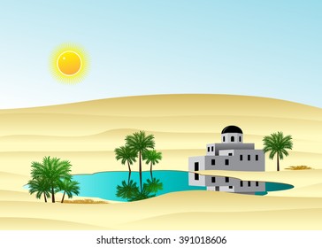  The Palace In The Desert About The Lake And Palm Trees Against The Blue Sky