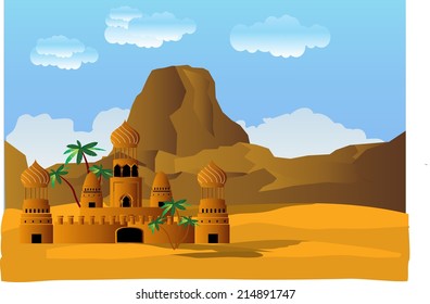 Palace in desert among sand dunes