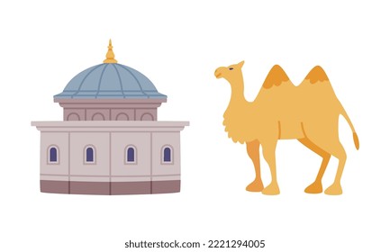 Palace with Dome and Camel Animal as Building and Transport of Turkey Vector Set