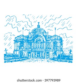 The Palace of Fine Arts (Palacio de Bellas Artes) in Mexico City. Sketch by hand. Vector illustration