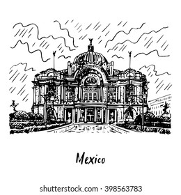 The Palace of Fine Arts (Palacio de Bellas Artes) in Mexico City. Sketch by hand. Vector illustration