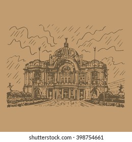 The Palace of Fine Arts (Palacio de Bellas Artes) in Mexico City. Sketch by hand. Vector illustration