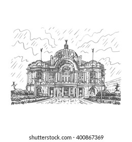 The Palace of Fine Arts (Palacio de Bellas Artes) in Mexico City. Sketch by hand. Vector illustration