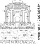Palace of Fine Arts, San Francisco - Line Drawing, Black and white line drawing illustration of the iconic Palace of Fine Arts in San Francisco, California, featuring the classical rotunda,