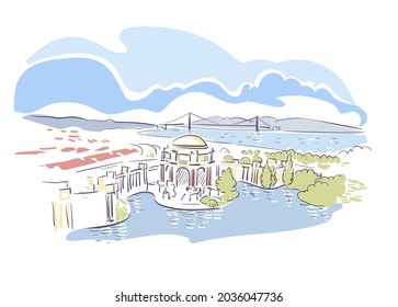 Palace of Fine Arts San Francisco usa vector sketch city illustration line art colorful watercolor style