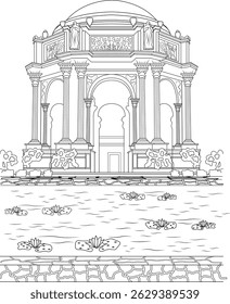 Palácio de Belas Artes, São Francisco - Desenho de Linha, Preto e branco desenho ilustração do icônico Palácio de Belas Artes em São Francisco, Califórnia, apresentando a rotunda clássica,